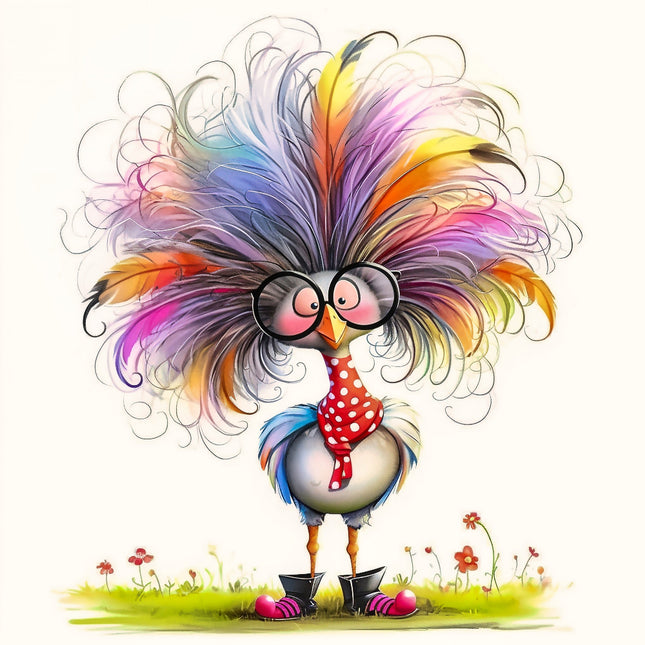 Colorful cartoon character with a large, multicolored hairstyle and glasses, standing on grass with flowers fabric panel