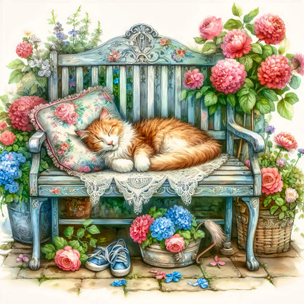 Cat sleeping on a garden bench surrounded by flowers and plants