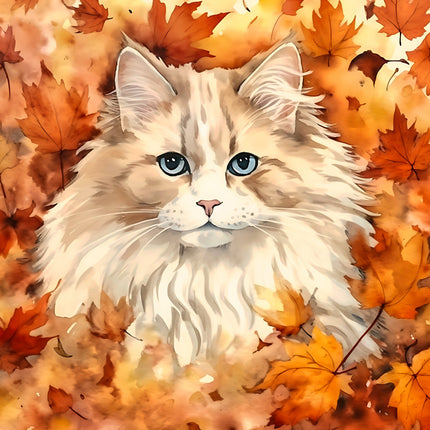 Cat surrounded by autumn leaves fabric panel