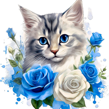 Cat with blue eyes surrounded by blue and white roses FABRIC PANEL