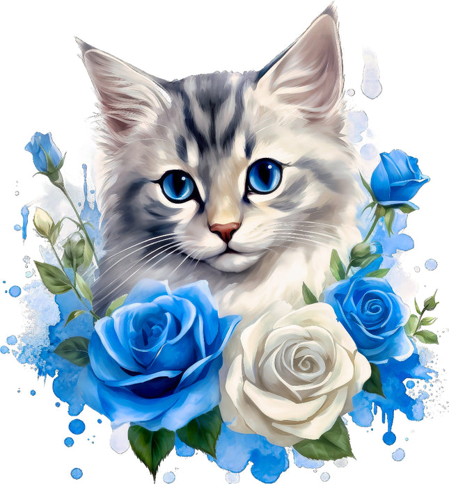 Cat with blue eyes surrounded by blue and white roses FABRIC PANEL