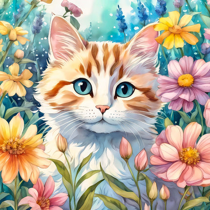 Illustration of a cat with blue eyes surrounded by colorful flowers fabric panel