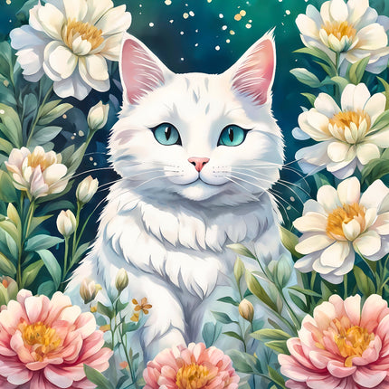 White cat with blue eyes surrounded by flowers and plants fabric panel