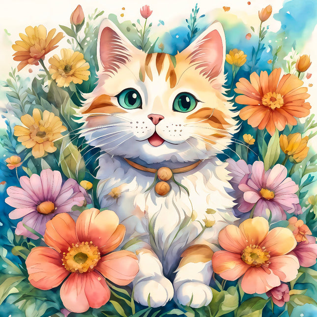 Illustration of a cat surrounded by colorful flowers fabric panel