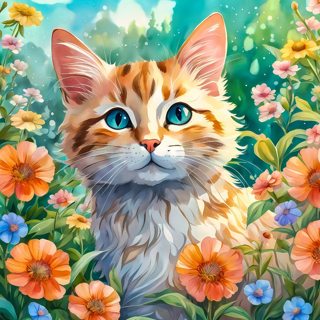 Illustration of a cat with blue eyes surrounded by colorful flowers fabric panel