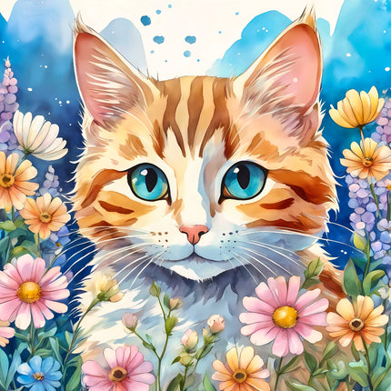 cat with blue eyes surrounded by colorful flowers fabric panel