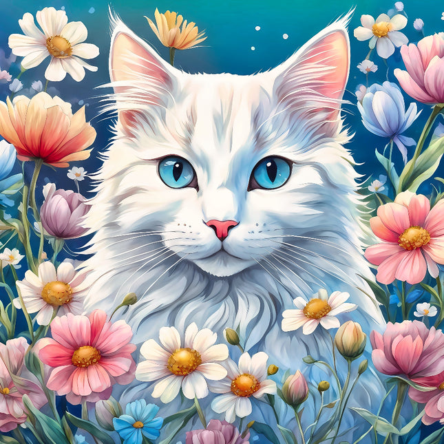 White cat with blue eyes surrounded by colorful flowers fabric panel