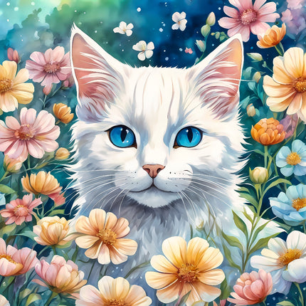 White cat with blue eyes surrounded by colorful flowers fabric panel