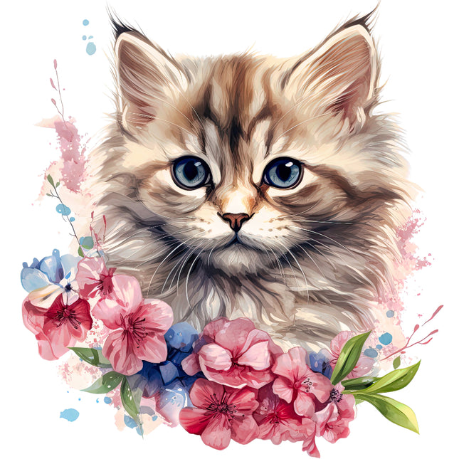 Illustration of a fluffy cat surrounded by flowers fabric panel