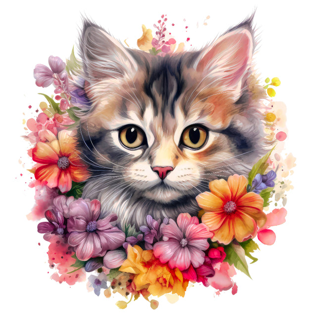 Illustration of a cat surrounded by colorful flowers fabric panel
