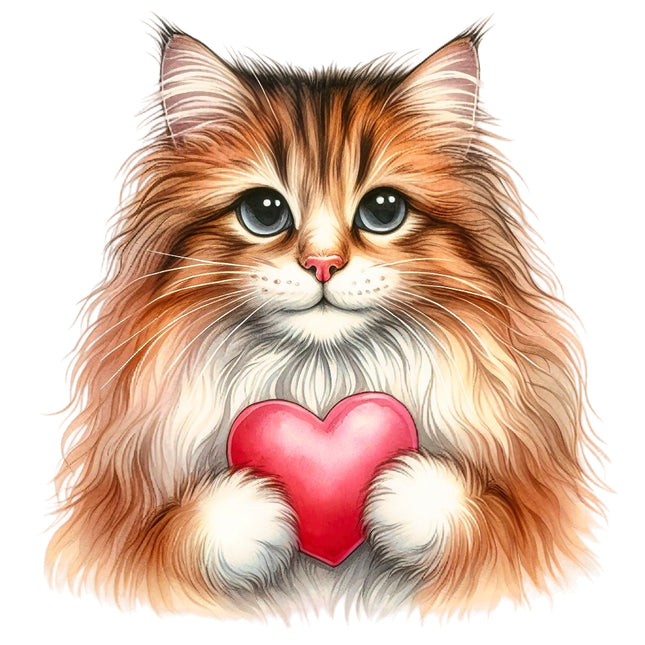 Illustration of a fluffy cat holding a red heart fabric panel