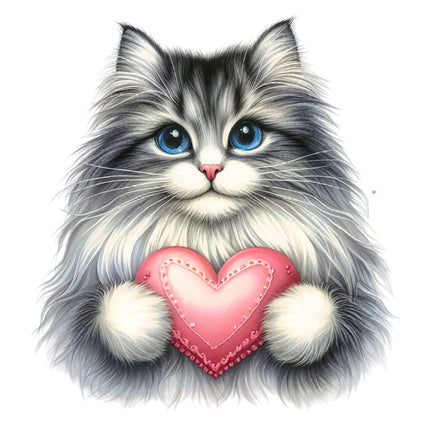 Cat with blue eyes holding a pink heart fabric panel
