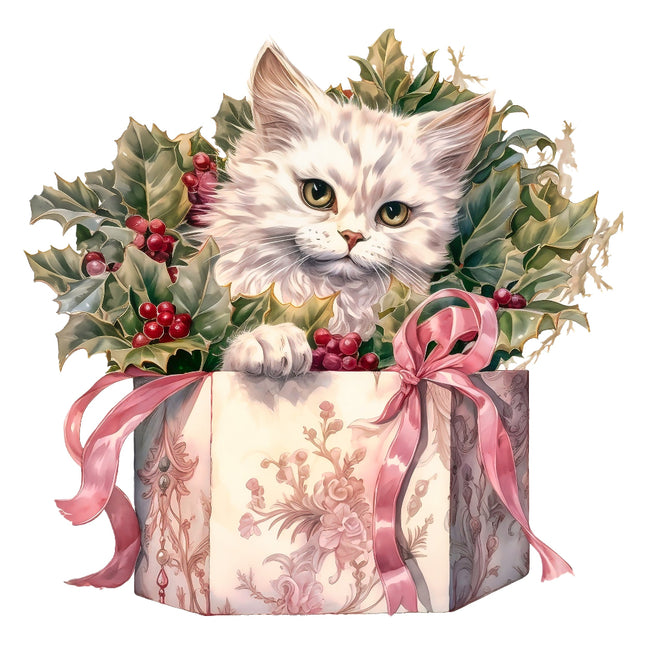 White kitten in a decorative box with holly and berries, surrounded by festive greenery.