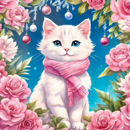 White cat with a pink scarf surrounded by pink roses and Christmas ornaments fabric panel