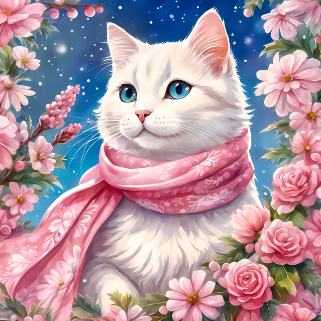 White cat with blue eyes wearing a pink scarf surrounded by pink flowers fabric panel