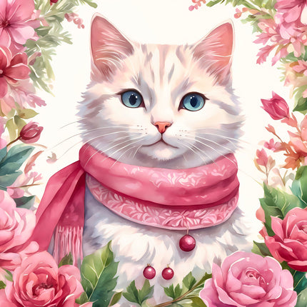 Cat wearing a pink scarf surrounded by pink flowers and leaves fabric panel