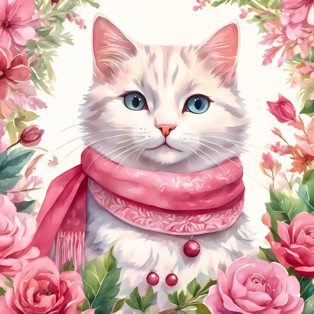 Cat wearing a pink scarf surrounded by pink flowers and leaves fabric panel
