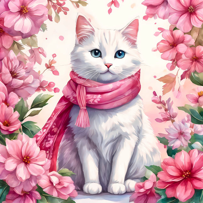 Cat wearing a pink scarf surrounded by pink flowers quilt panel