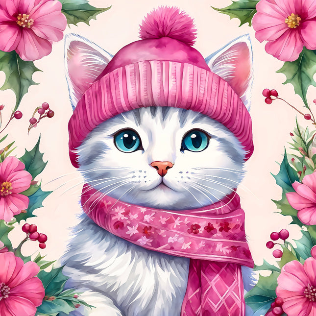 Illustration of a white cat wearing a pink hat and scarf quilt panel