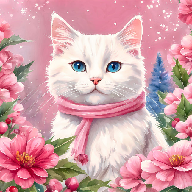 White cat with blue eyes wearing a pink scarf surrounded by pink flowers fabric panel