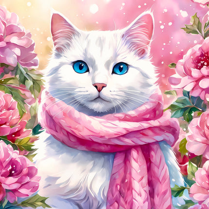 White cat with blue eyes wearing a pink scarf surrounded by pink flowers fabric panel