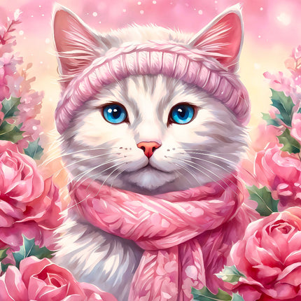 White cat with blue eyes wearing a pink hat and scarf surrounded by pink flowers fabric panel