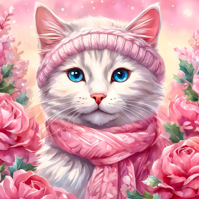 White cat with blue eyes wearing a pink hat and scarf surrounded by pink flowers fabric panel