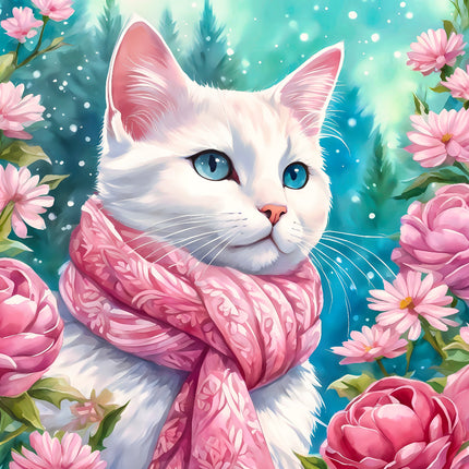 White cat with a pink scarf surrounded by pink flowers fabric panel