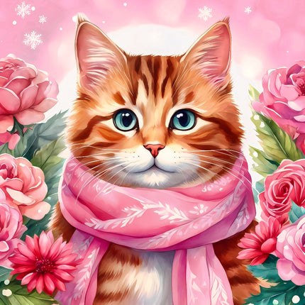 Illustration of a cat wearing a pink scarf surrounded by flowers fabric panel