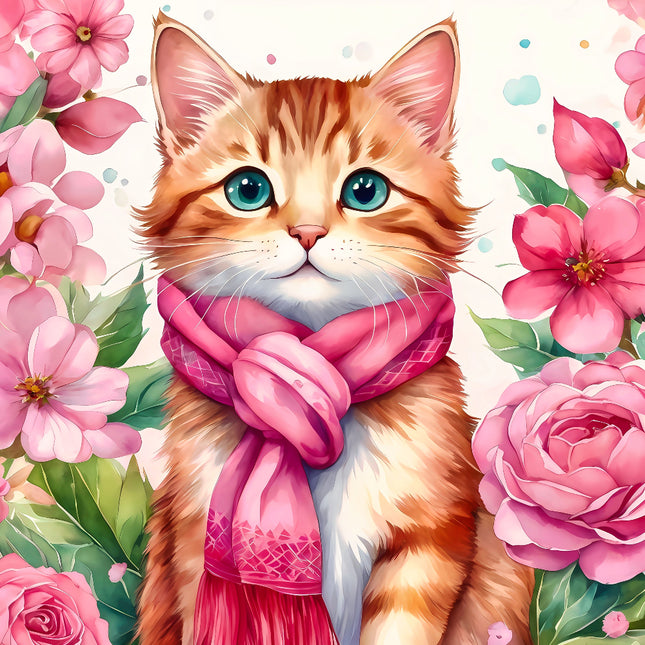 Cat wearing a pink scarf surrounded by pink flowers on a light background