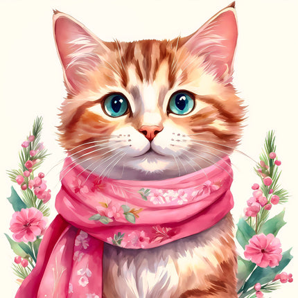 Cat wearing a pink floral scarf fabric panel