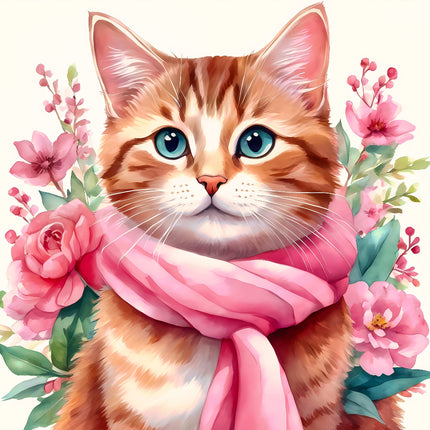 Cat wearing a pink scarf surrounded by flowers on a white background fabric panel