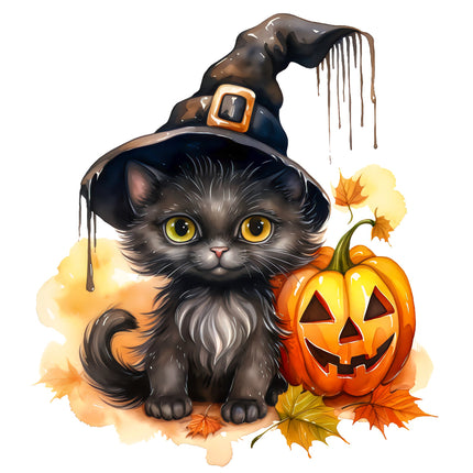 Cat With Pumpkin Halloween 100% Cotton Fabric Panel Block T416