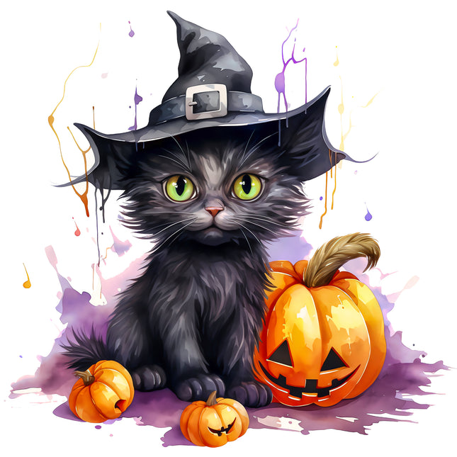 Cat With Pumpkin Halloween 100% Cotton Fabric Panel Block T417