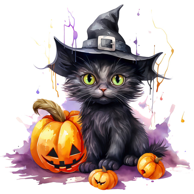 Black cat wearing a witch hat with Halloween pumpkins fabric panel