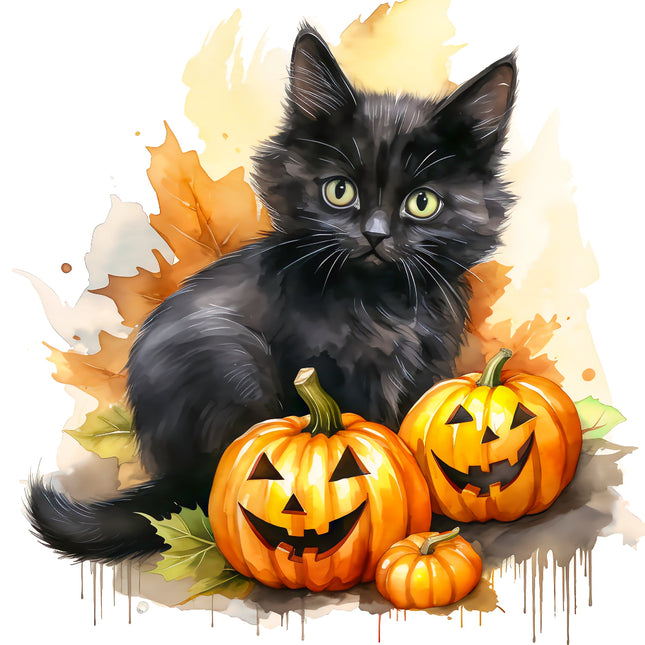 Black cat with Halloween pumpkins fabric panel