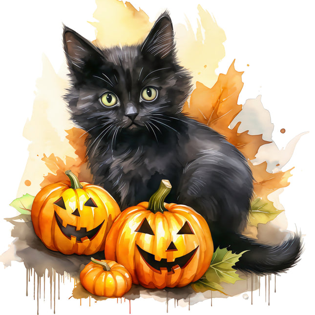 Black cat with Halloween pumpkins fabric panel