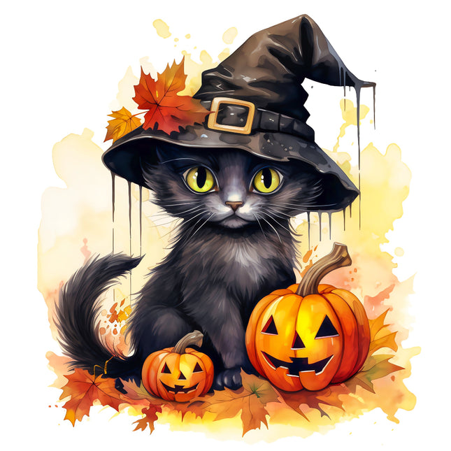 Black cat wearing a witch hat with pumpkins and autumn leaves fabric panel