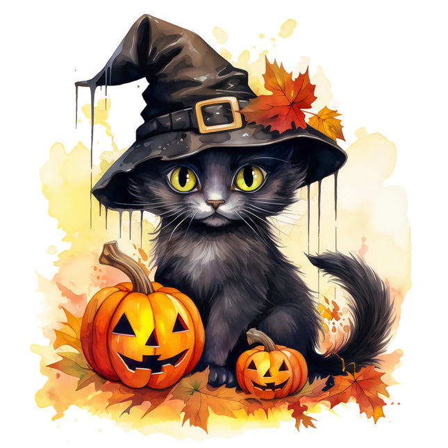 Black cat wearing a witch hat with pumpkins fabric panel
