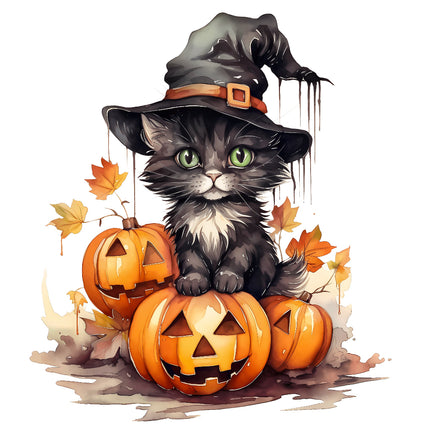 Cat With Pumpkin Halloween 100% Cotton Fabric Panel Block T422
