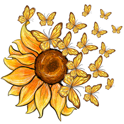 Illustration of a sunflower with yellow butterflies fabric panel