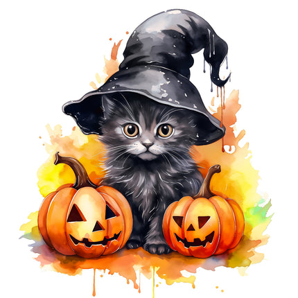 Cat wearing a witch hat with Halloween pumpkins fabric panel