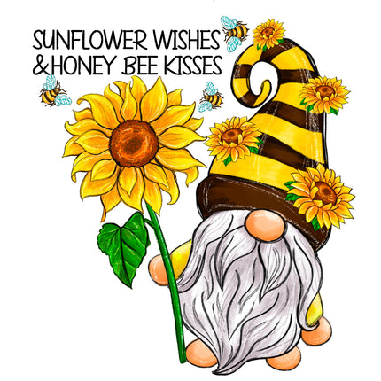 Gnome wearing a bee-themed hat with sunflowers and bees, text 'Sunflower Wishes & Honey Bee Kisses'.