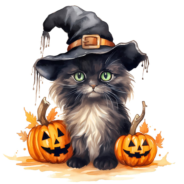 Cat With Pumpkins Halloween 100% Cotton Fabric Panel Block T425