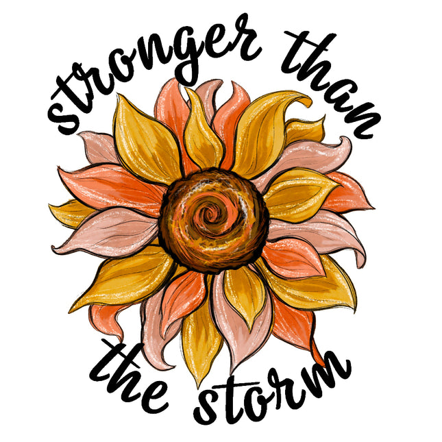 Sunflower with 'stronger than the storm' text quilt block