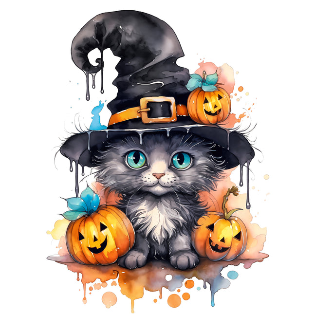 Cat With Pumpkins Halloween 100% Cotton Fabric Panel Block T427