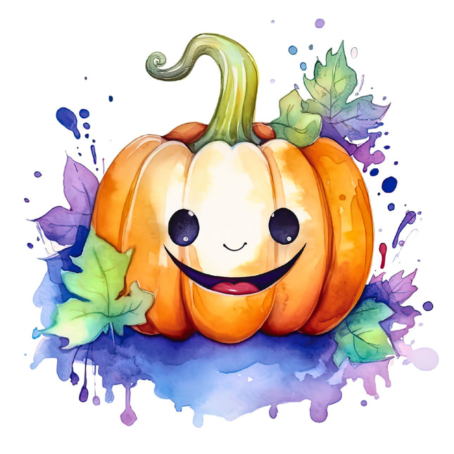 Cartoon pumpkin with a smile surrounded by colorful leaves fabric panel