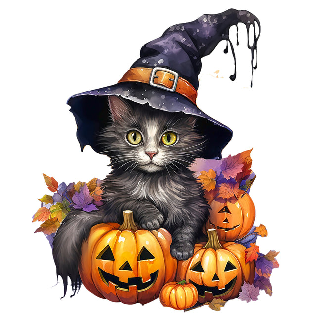 Cat With Pumpkins Halloween 100% Cotton Fabric Panel Block T432