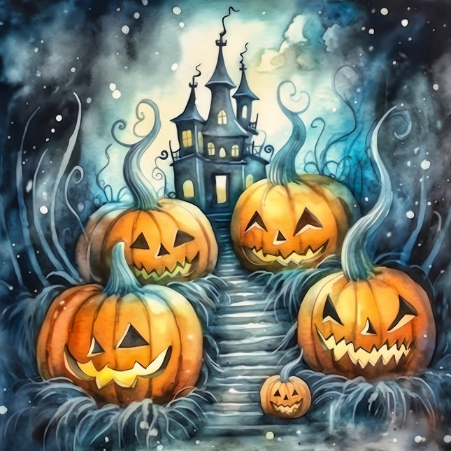Halloween-themed illustration with jack-o'-lanterns and a haunted castle.