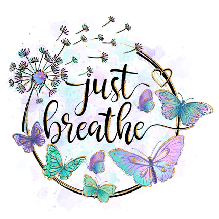 Decorative design with butterflies and 'just breathe' text on a white background